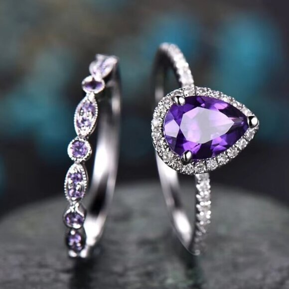 NEW 14k White Gold Amethyst Diamond Ring Pear Cut Ring Set of 2 - Picture 3 of 5